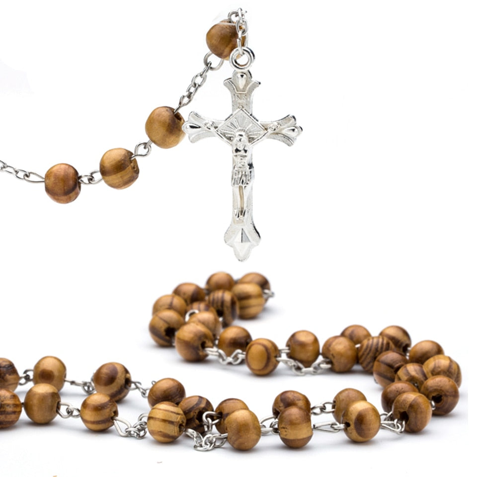 Handmade Wood Devotional Prayer Rosary Beads with Cross - Long Chain