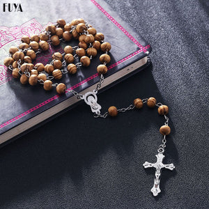 Handmade Wood Devotional Prayer Rosary Beads with Cross - Long Chain