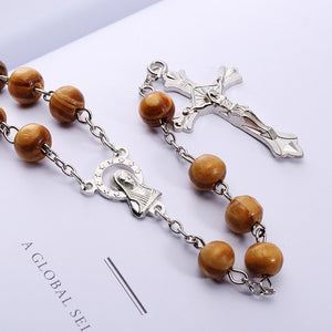 Handmade Wood Devotional Prayer Rosary Beads with Cross - Long Chain