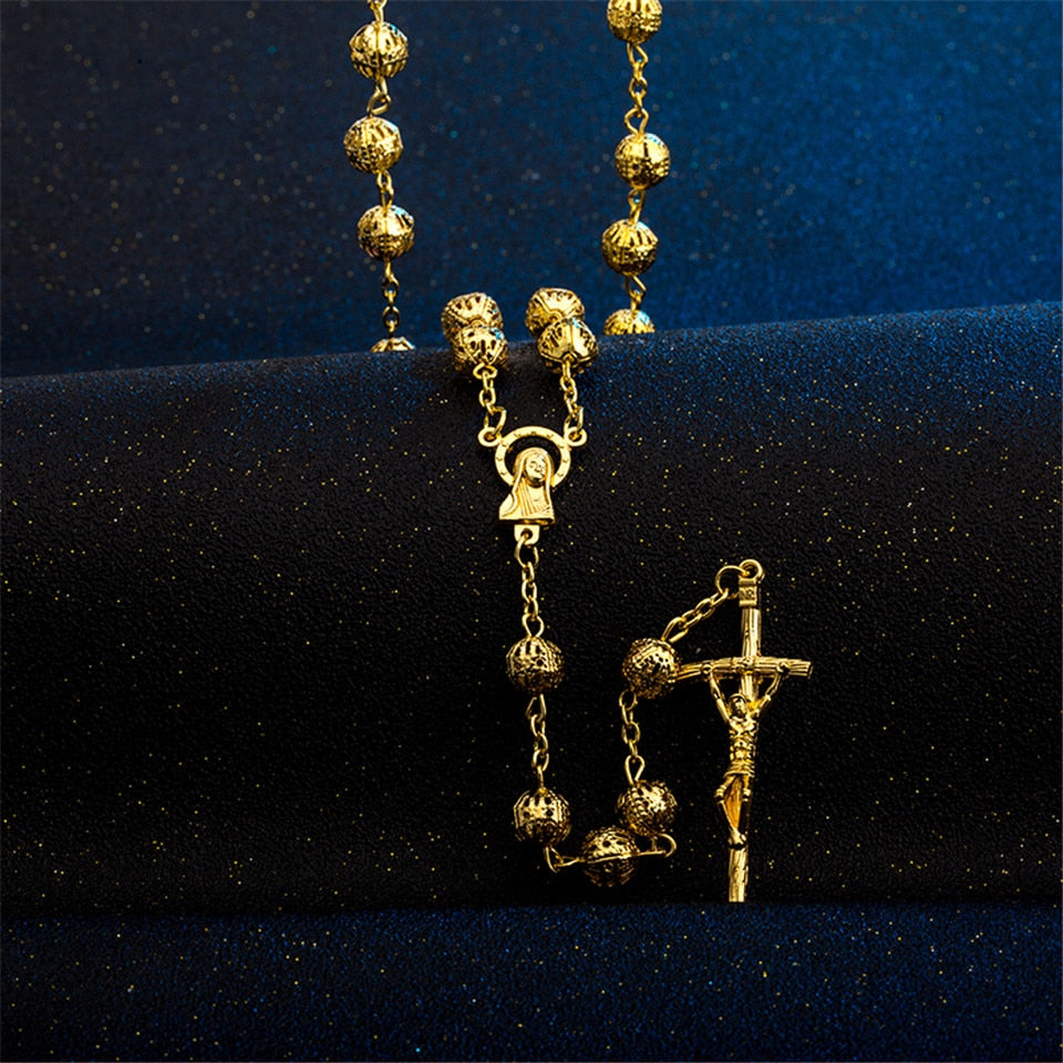 Devotional Prayer Rosary Gold Color Alloy Beads with Cross - Long Chain