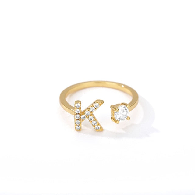 Exquisite Initial Capital Letter A to Z - any of the 26 alphabets Zircon Inlay Adjustable Ring