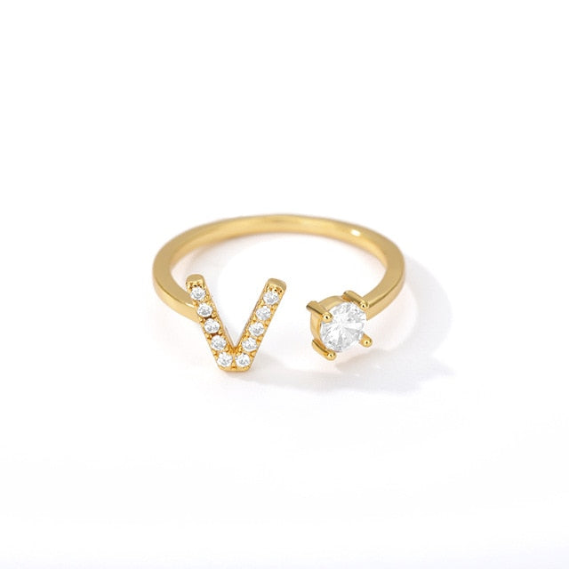 Exquisite Initial Capital Letter A to Z - any of the 26 alphabets Zircon Inlay Adjustable Ring