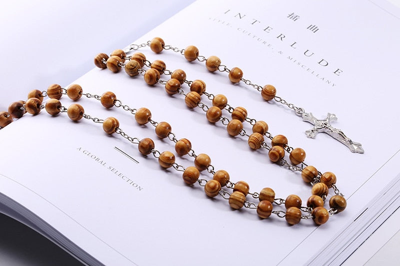 Handmade Wood Devotional Prayer Rosary Beads with Cross - Long Chain