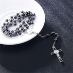 Devotional Prayer Rosary Hematite Beads with Cross - Long Chain