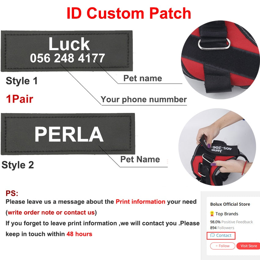 Personalized (Custom Name and Contact) Patch No-Pull Reflective Adjustable Dog Vest Harness for Small to Large Dogs