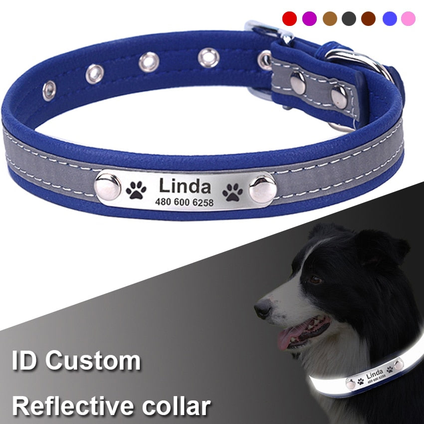 Reflective Personalized Dog Leather Collar Adjustable with Pet Name and Phone Number