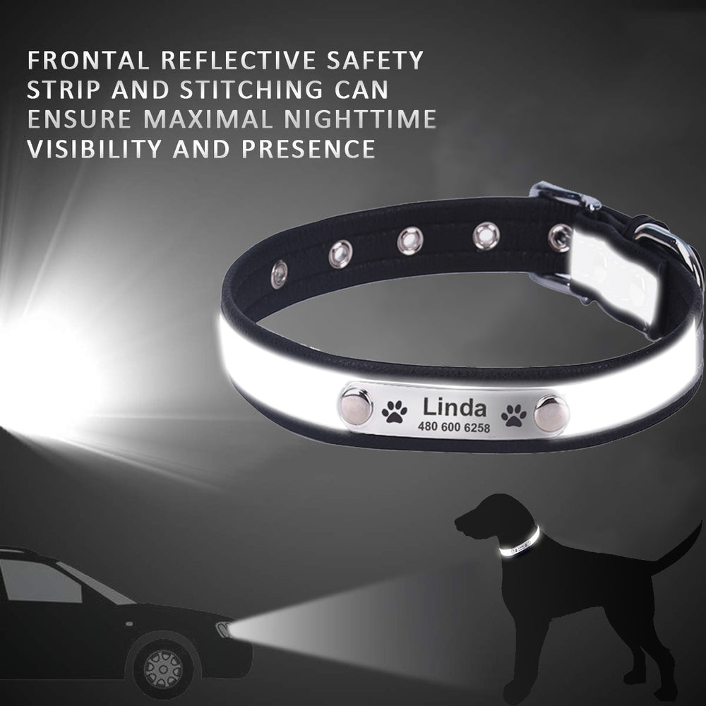 Reflective Personalized Dog Leather Collar Adjustable with Pet Name and Phone Number