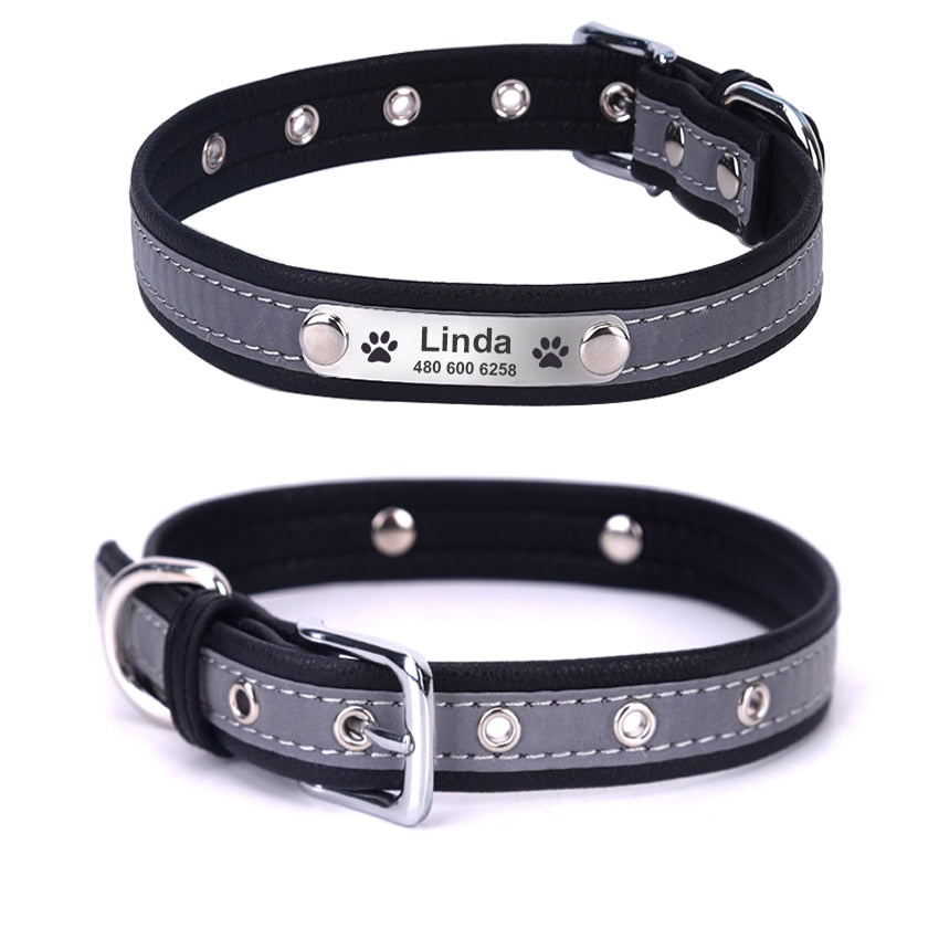 Reflective Personalized Dog Leather Collar Adjustable with Pet Name and Phone Number