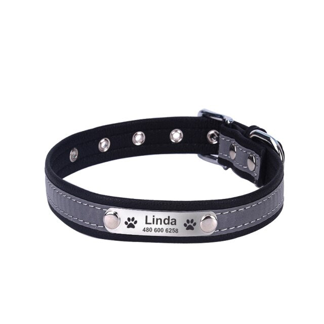 Reflective Personalized Dog Leather Collar Adjustable with Pet Name and Phone Number