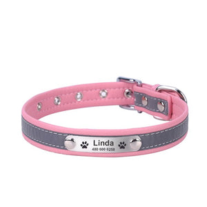 Reflective Personalized Dog Leather Collar Adjustable with Pet Name and Phone Number