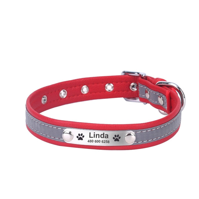 Reflective Personalized Dog Leather Collar Adjustable with Pet Name and Phone Number