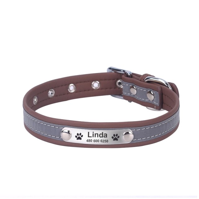 Reflective Personalized Dog Leather Collar Adjustable with Pet Name and Phone Number