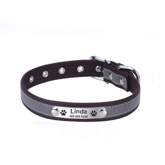 Reflective Personalized Dog Leather Collar Adjustable with Pet Name and Phone Number