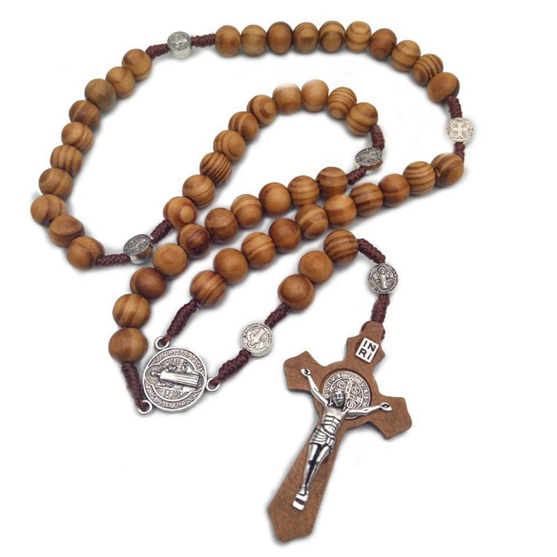 Handmade Brown Wood Rosary Beads with Cross
