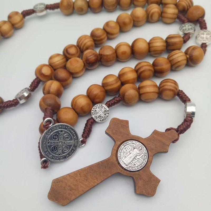 Handmade Brown Wood Rosary Beads with Cross