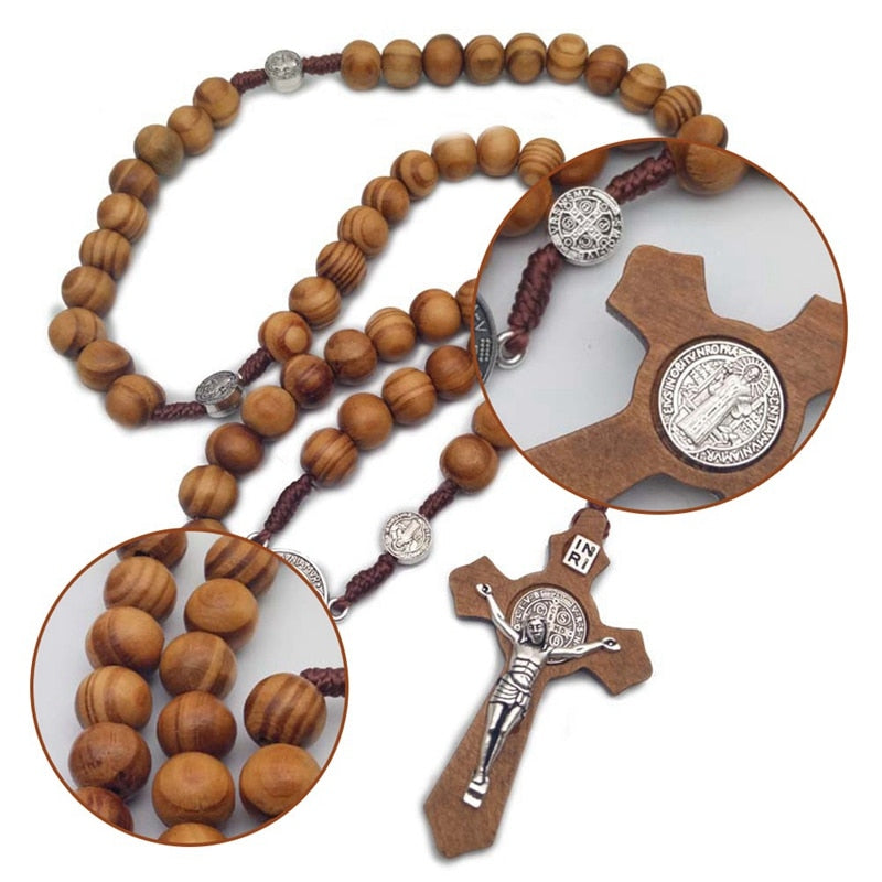 Handmade Brown Wood Rosary Beads with Cross