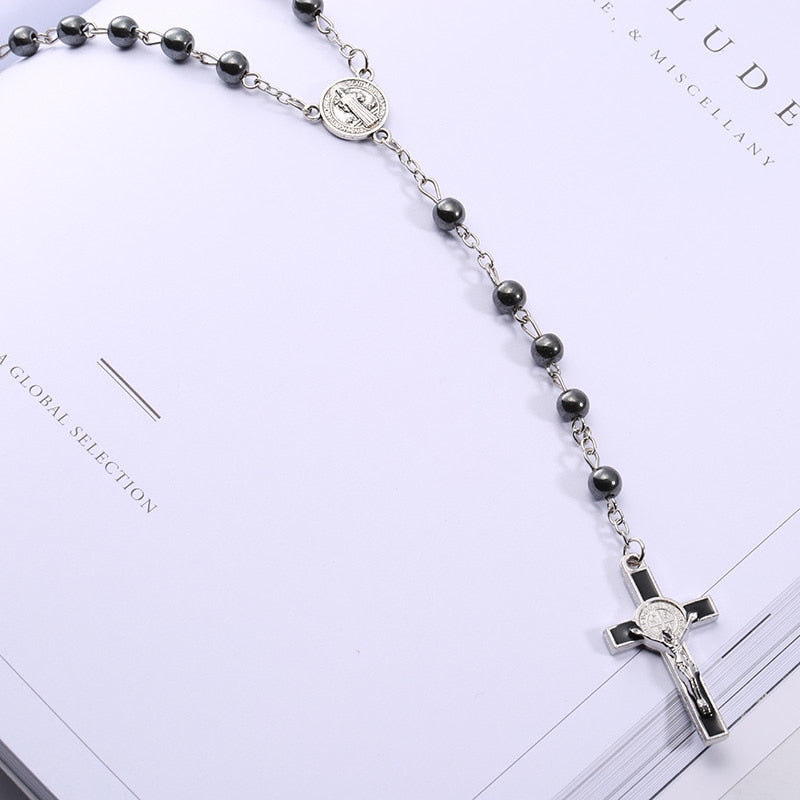 Devotional Prayer Rosary Hematite Beads with Cross - Long Chain