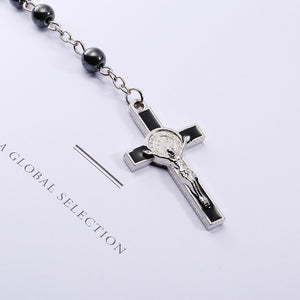 Devotional Prayer Rosary Hematite Beads with Cross - Long Chain