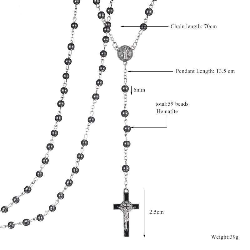 Devotional Prayer Rosary Hematite Beads with Cross - Long Chain