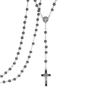 Devotional Prayer Rosary Hematite Beads with Cross - Long Chain