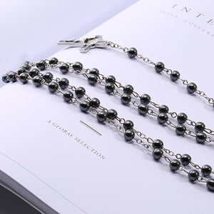 Devotional Prayer Rosary Hematite Beads with Cross - Long Chain