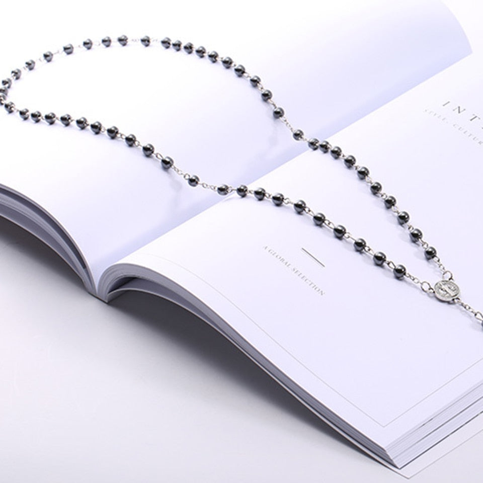 Devotional Prayer Rosary Hematite Beads with Cross - Long Chain